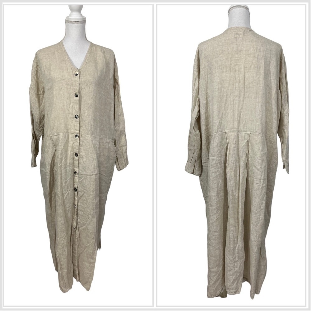 Vintage FLAX AngelHeart Tan 100% Linen Lagenlook Midi Maxi Dress